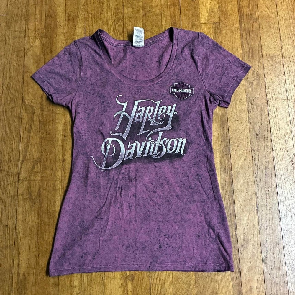 Harley-Davidson Womens Baby Doll Top Purple Acid Wash Biker Tee Medium 341